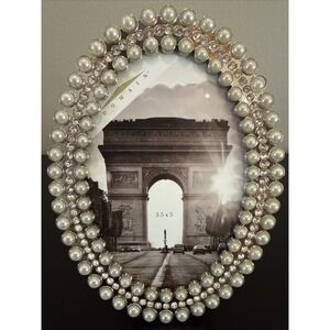 DOMAIN 3.5 x 5" Photo Frame Silver Tone Faux Pearl Rhinestone Embellishment Oval
